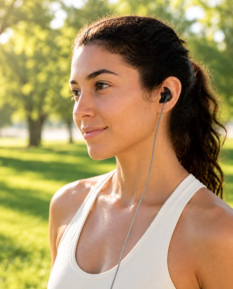 Woman wearing the WONZ ear electrode outdoors
