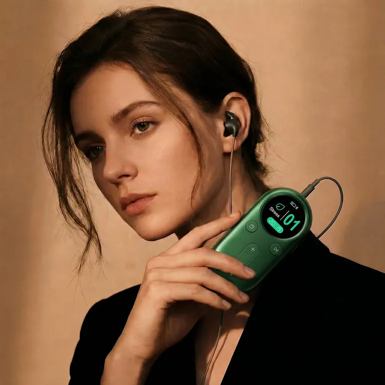 Woman holding a WONZ wellness device for a refresh routine